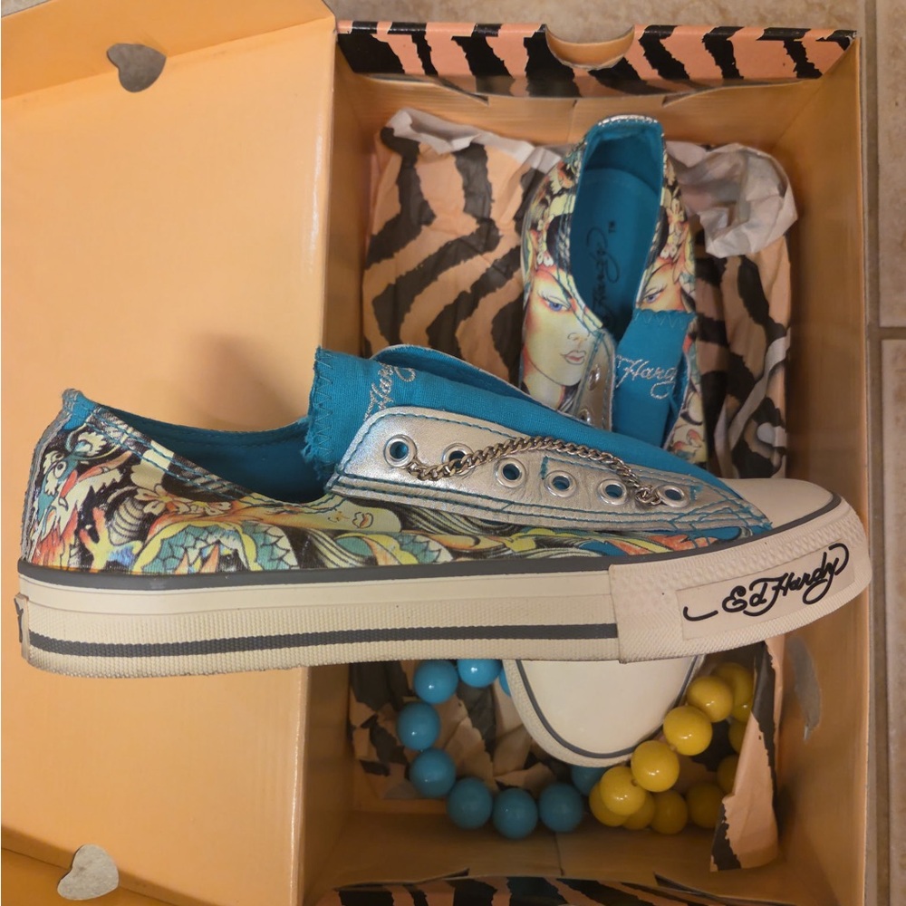 Ed Hardy women’s canvas Teal Floral Slip-On Sneakers Y2K brand New - Picture 4 of 6